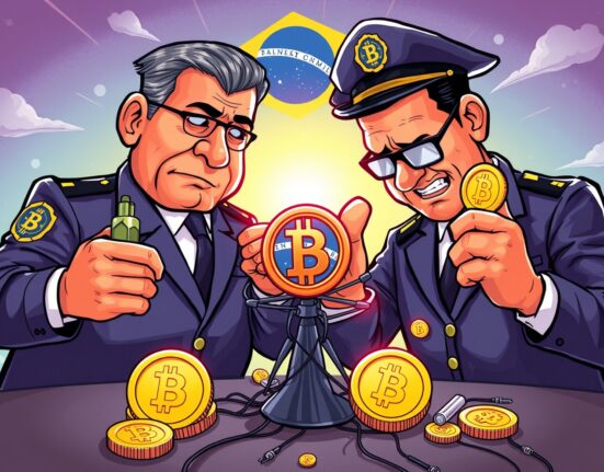 Brazil government managing seized cryptocurrencies to dismantle criminal financial networks in vibrant illustration