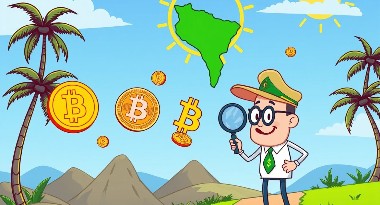 Cartoon illustration of cross-border crypto payments in Brazil with Bitcoin and tax elements