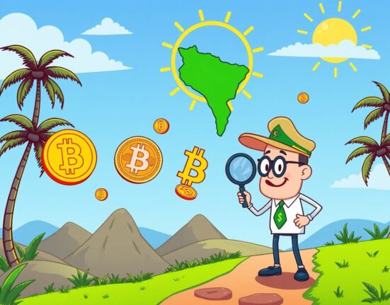 Cartoon illustration of cross-border crypto payments in Brazil with Bitcoin and tax elements