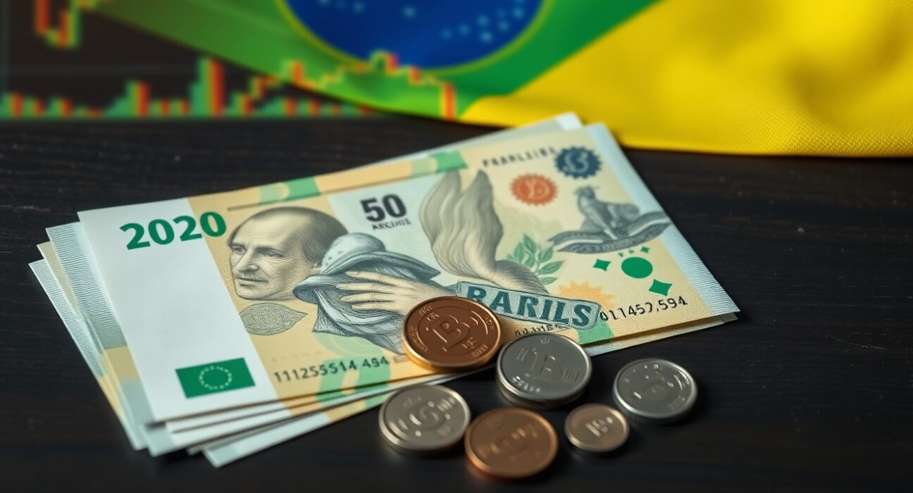 Brazilian real currency notes and coins on a dark surface, representing currency market volatility.