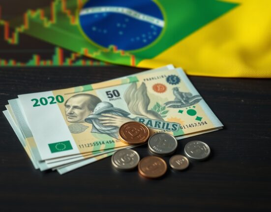 Brazilian real currency notes and coins on a dark surface, representing currency market volatility.