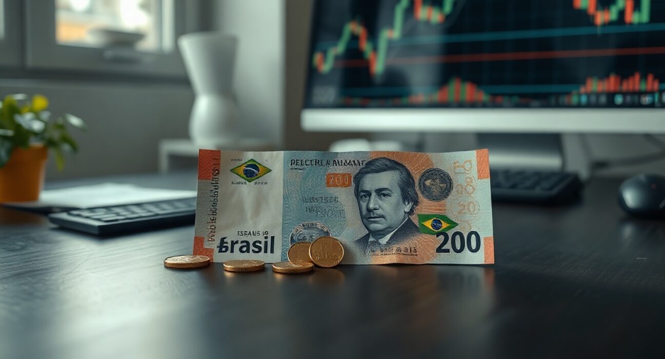 Brazilian Real banknotes and coins on a desk, symbolizing currency analysis.