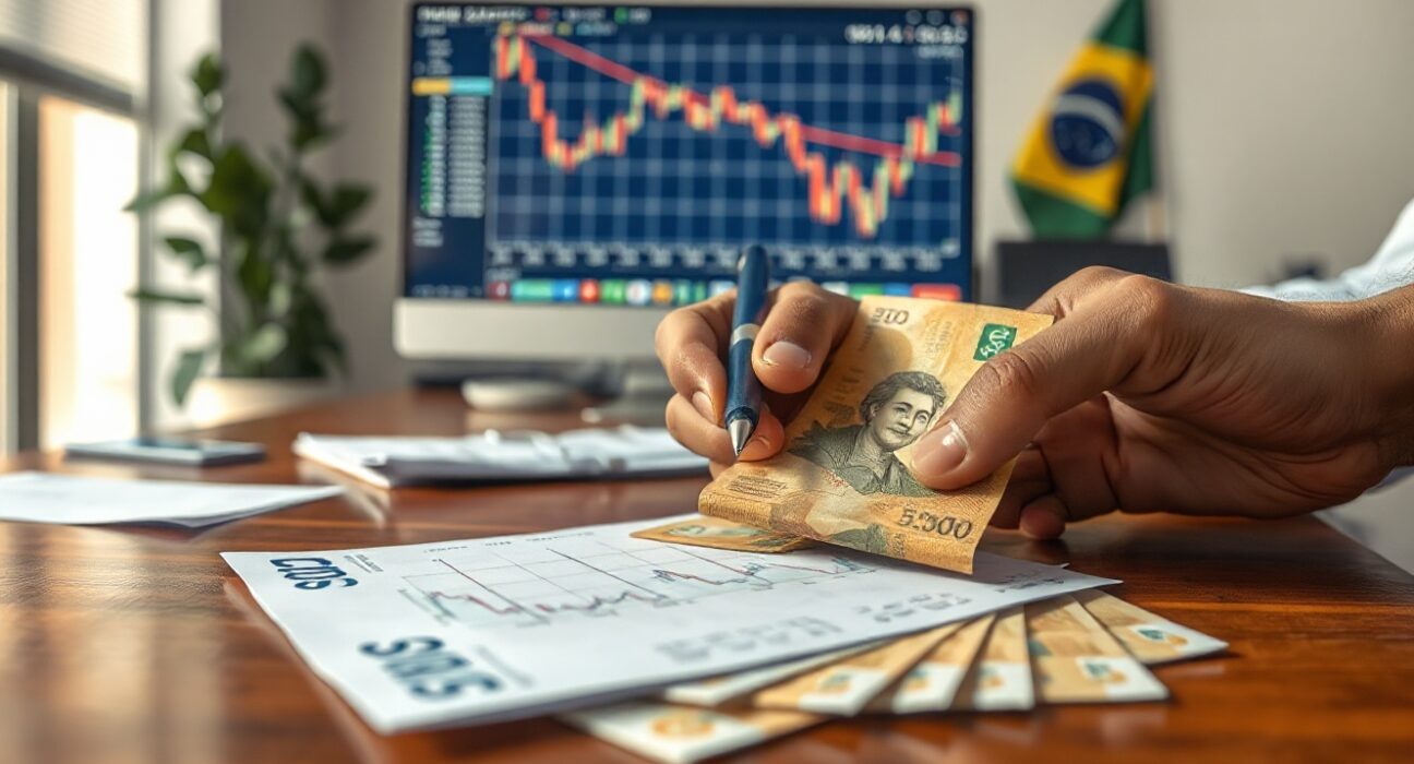 Brazilian Real banknotes and financial chart on a desk in a modern office setting