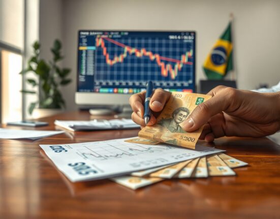 Brazilian Real banknotes and financial chart on a desk in a modern office setting