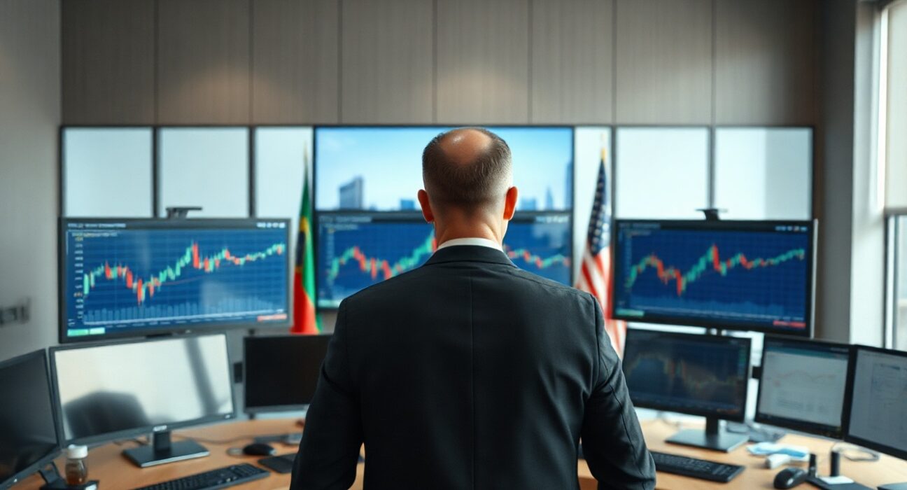 Financial analyst monitoring Brazilian Real and US Dollar exchange rate charts in a newsroom.