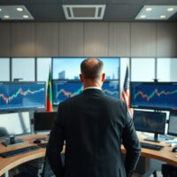 Financial analyst monitoring Brazilian Real and US Dollar exchange rate charts in a newsroom.