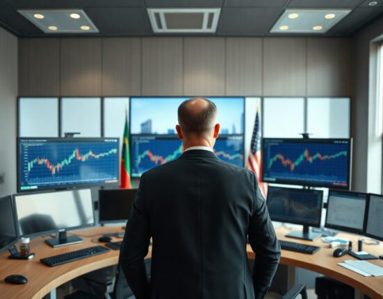 Financial analyst monitoring Brazilian Real and US Dollar exchange rate charts in a newsroom.