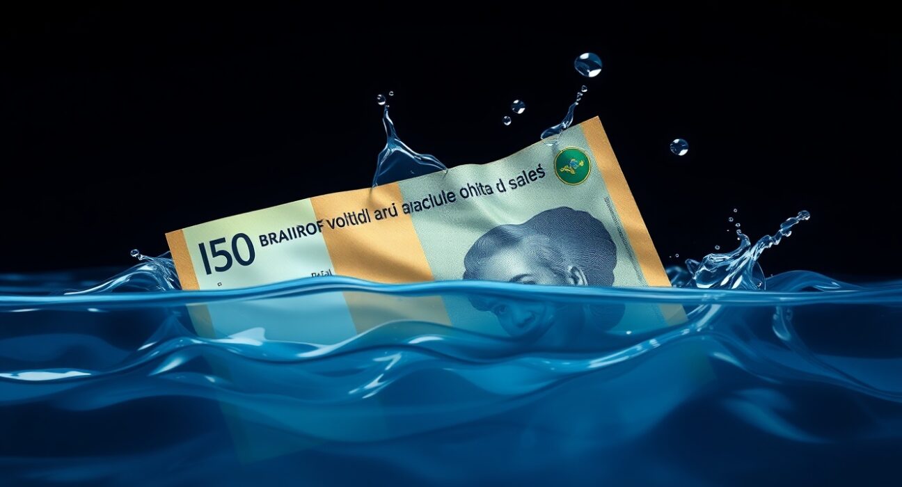 Brazilian Real banknote partially submerged in water, representing currency risk and volatility