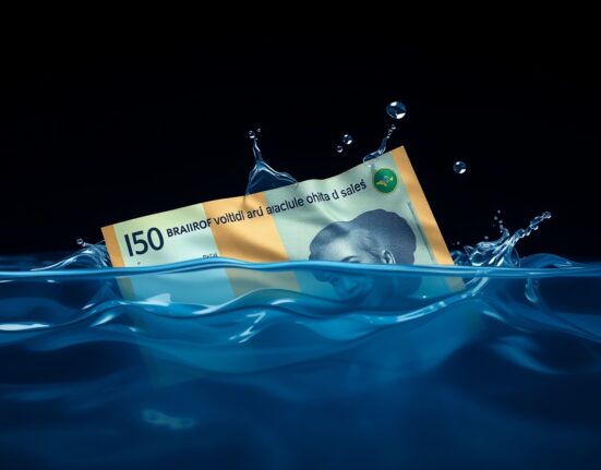 Brazilian Real banknote partially submerged in water, representing currency risk and volatility