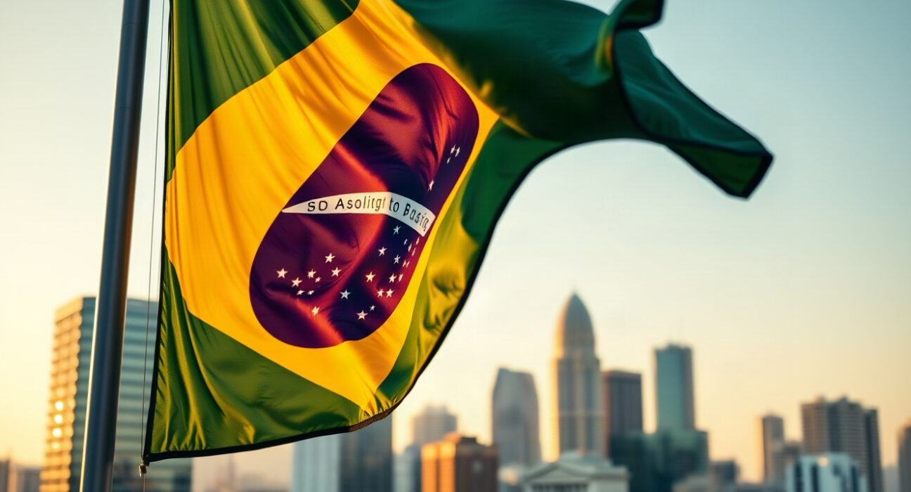 Brazilian flag waving in front of São Paulo financial district skyline at sunset