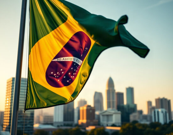 Brazilian flag waving in front of São Paulo financial district skyline at sunset