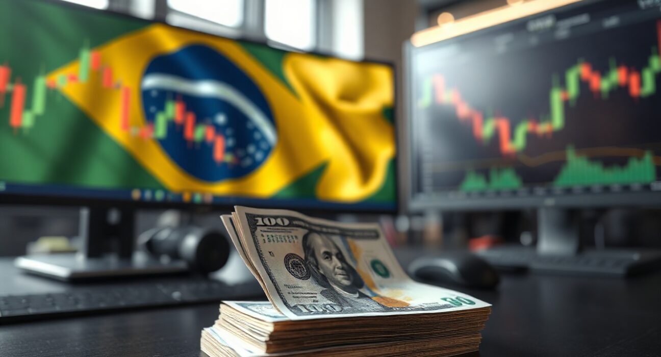 Brazilian Real and US Dollar banknotes on a trading desk, representing FX market risk.