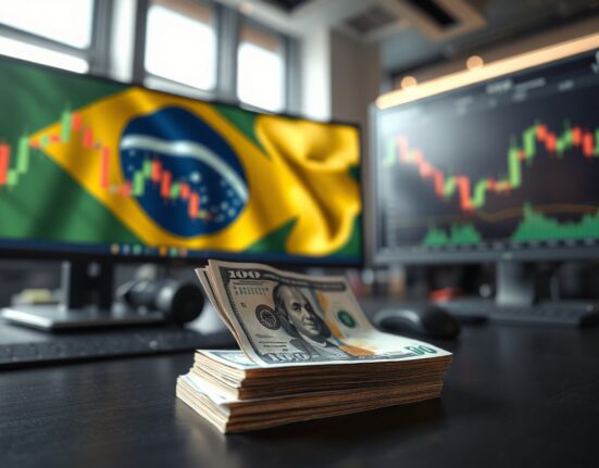 Brazilian Real and US Dollar banknotes on a trading desk, representing FX market risk.
