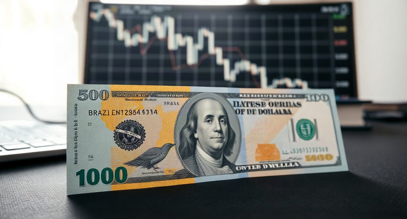 Brazilian Real and US Dollar banknotes on a desk with a financial chart in the background
