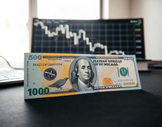 Brazilian Real and US Dollar banknotes on a desk with a financial chart in the background