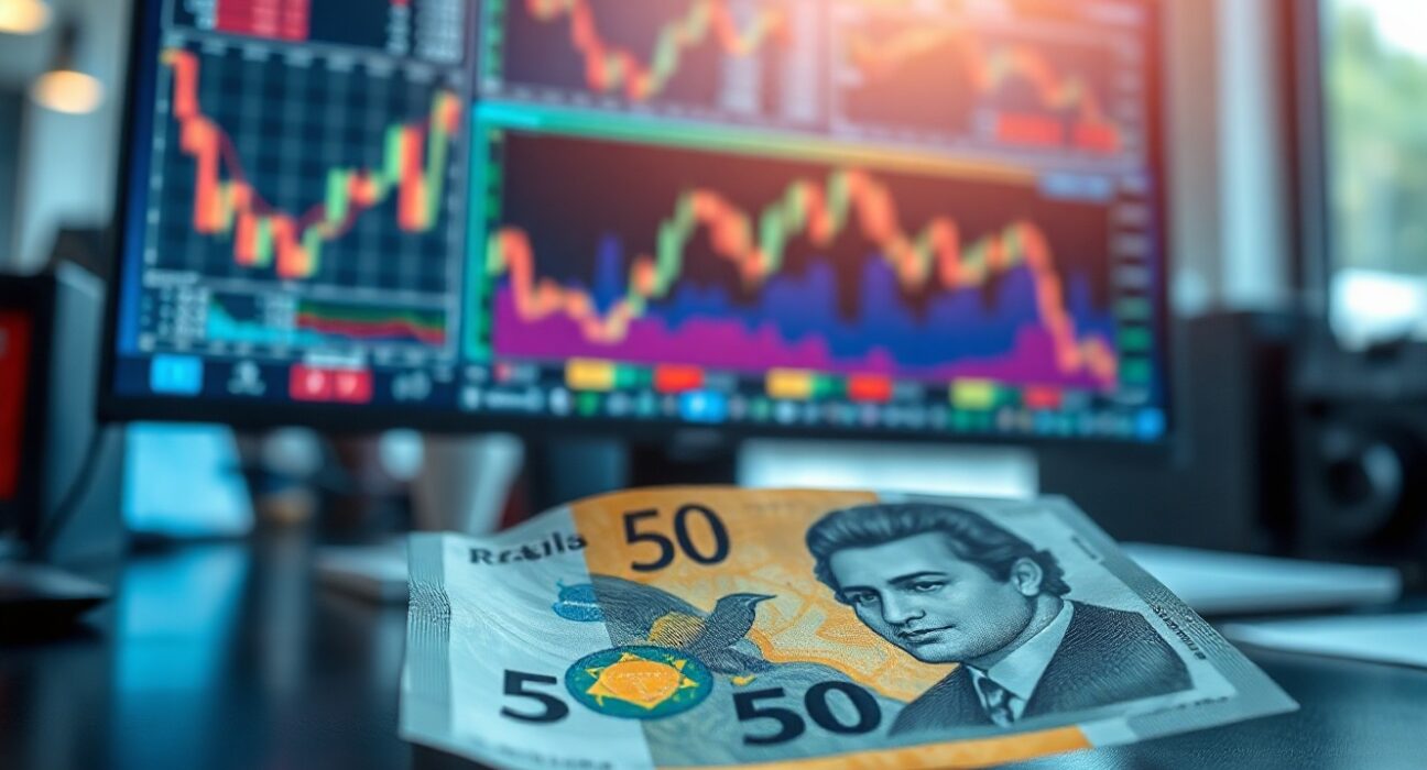 Brazilian Real banknote on a desk with a screen showing currency charts