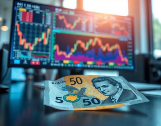 Brazilian Real banknote on a desk with a screen showing currency charts