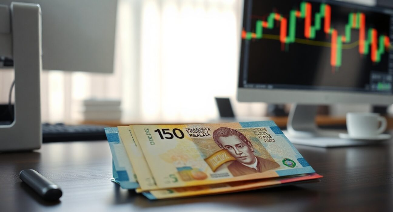 Brazilian Real banknotes on a desk with a financial chart in the background