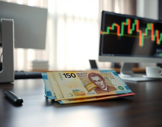 Brazilian Real banknotes on a desk with a financial chart in the background