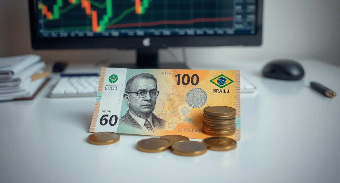 Brazilian Real banknotes and coins on a desk with a financial chart in the background