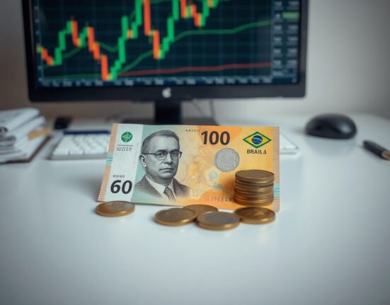 Brazilian Real banknotes and coins on a desk with a financial chart in the background