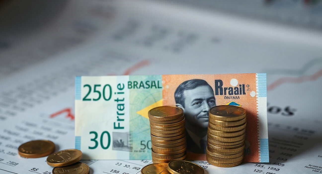 Brazilian Real banknotes and coins with an upward trend chart in the background