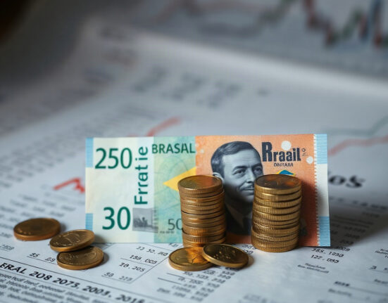 Brazilian Real banknotes and coins with an upward trend chart in the background