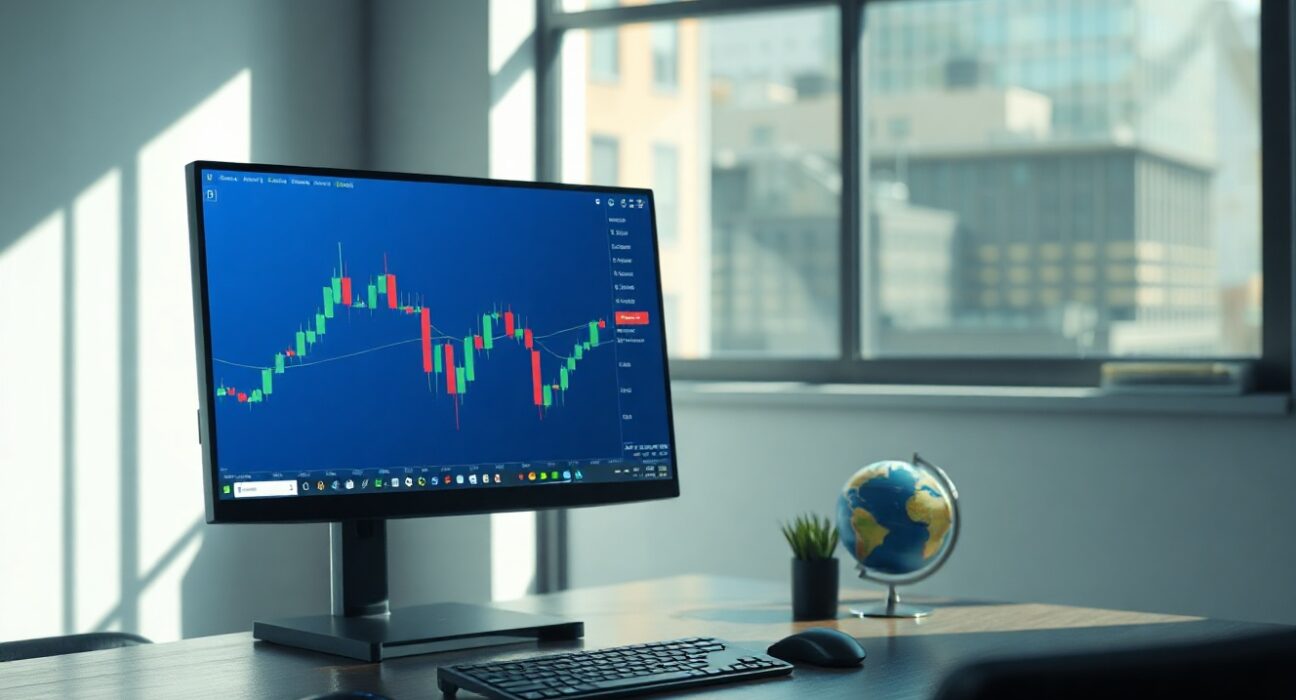 Financial analyst reviewing Brazilian Real currency chart on monitor in modern office setting