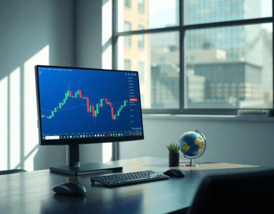Financial analyst reviewing Brazilian Real currency chart on monitor in modern office setting