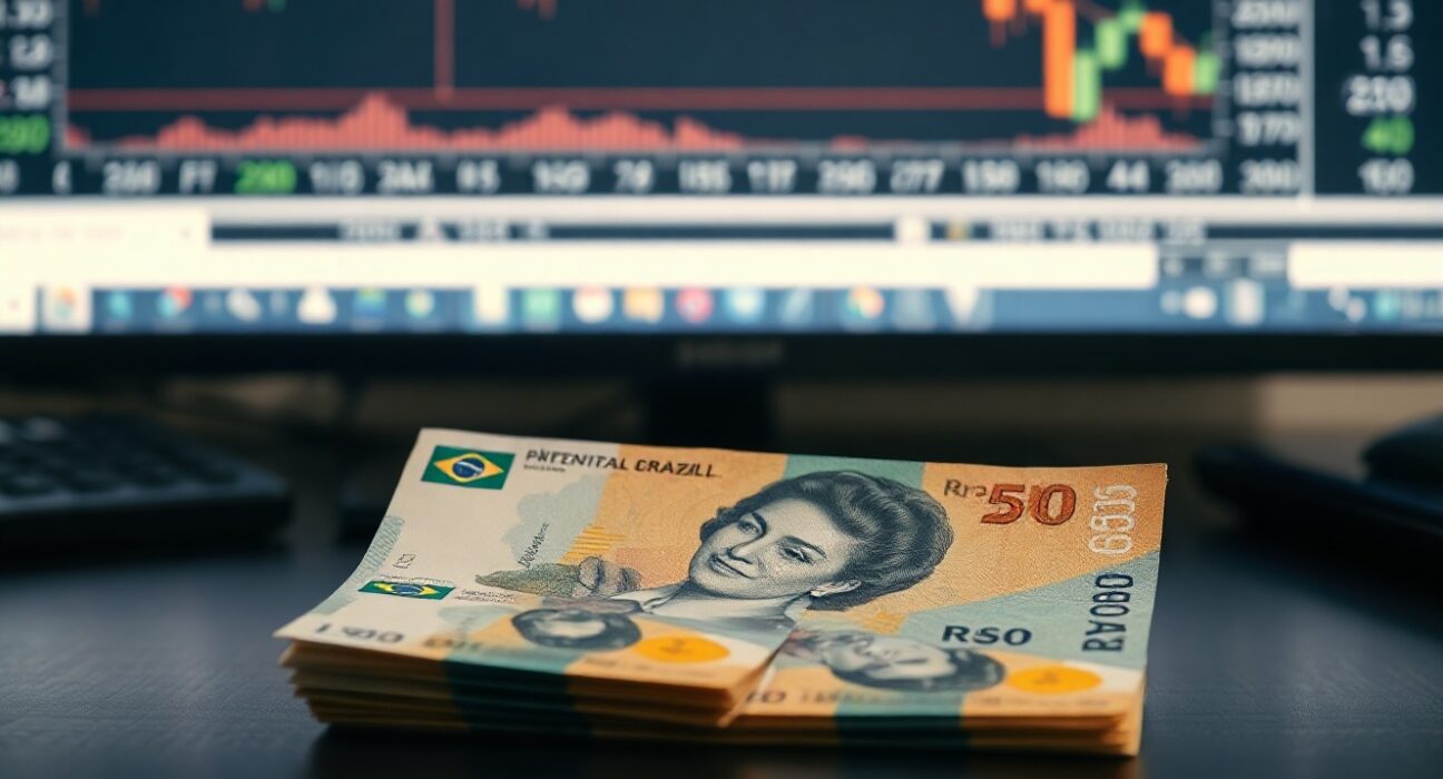 Brazilian Real banknotes on a desk with a financial chart in the background