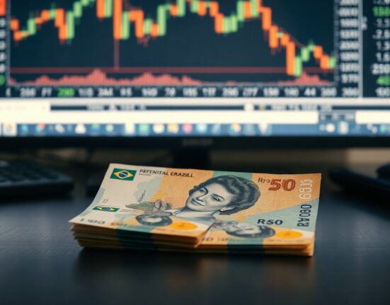 Brazilian Real banknotes on a desk with a financial chart in the background