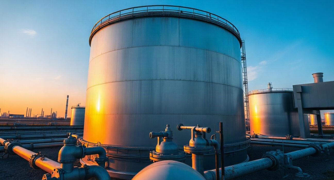 Oil storage tanks at a refinery, symbolizing global crude oil supply and price dynamics.