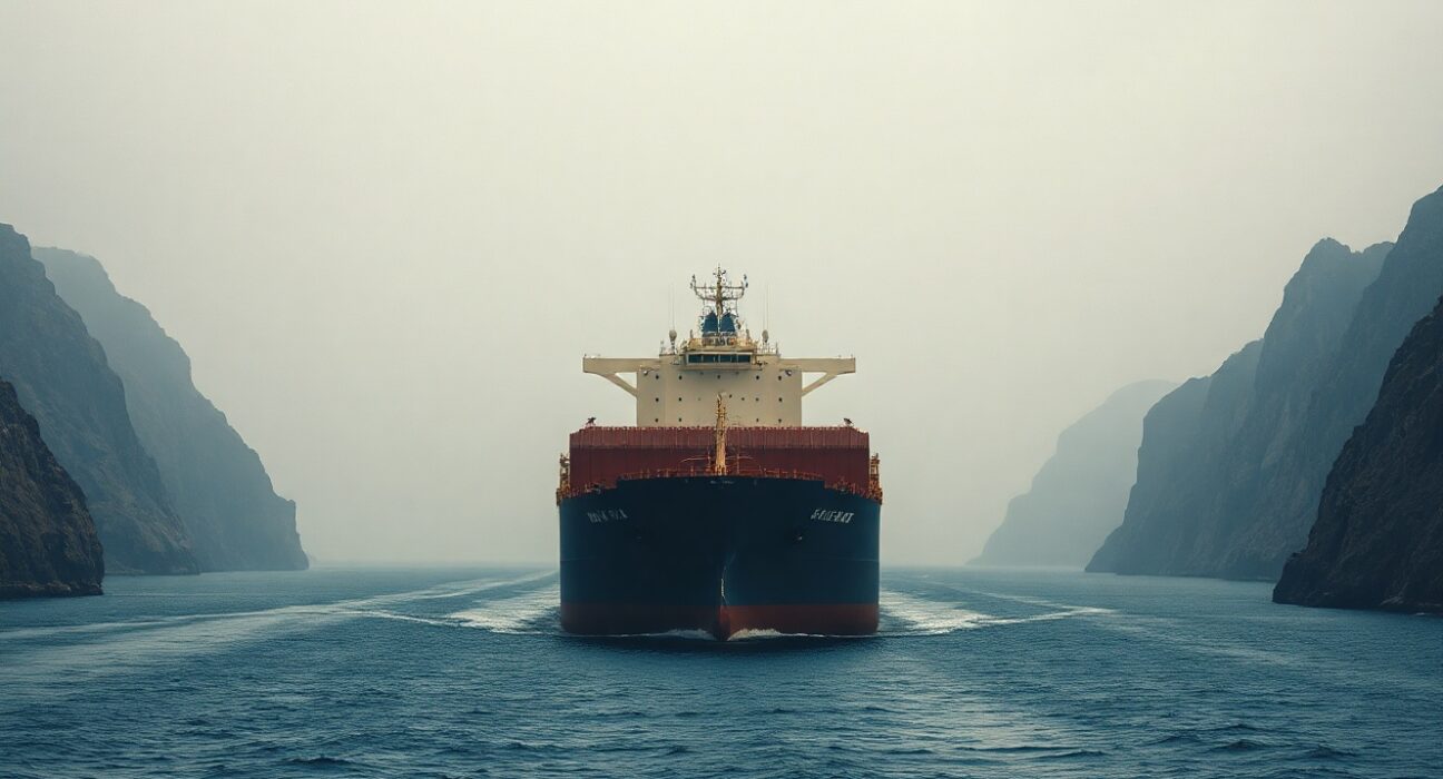 Oil tanker navigating the Strait of Hormuz under overcast sky, illustrating geopolitical risk to crude supply.