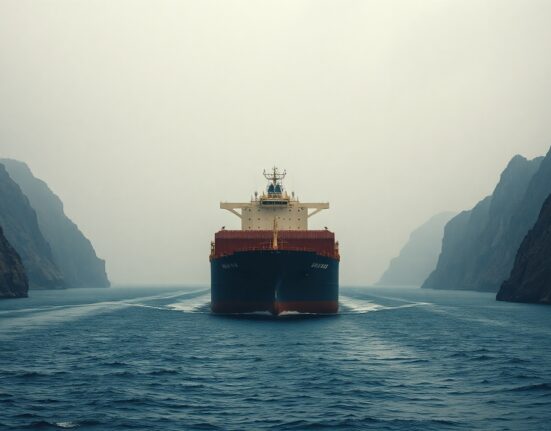 Oil tanker navigating the Strait of Hormuz under overcast sky, illustrating geopolitical risk to crude supply.