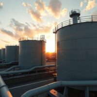 Brent crude oil storage tanks at a coastal terminal during sunset, representing oil market stability and geopolitical uncertainty.