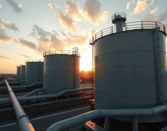 Brent crude oil storage tanks at a coastal terminal during sunset, representing oil market stability and geopolitical uncertainty.