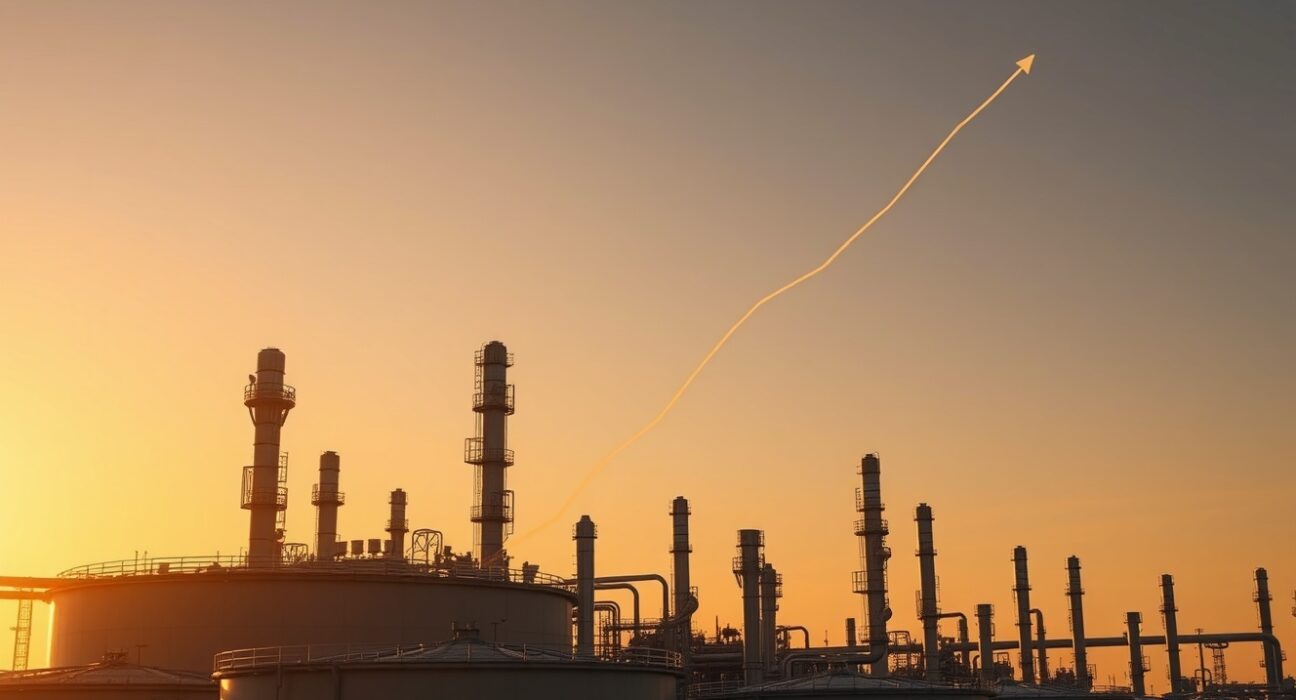 Oil refinery at sunset with a backwardation curve overlay, representing Brent crude market structure analysis by Deutsche Bank.