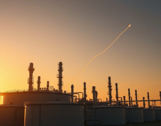 Oil refinery at sunset with a backwardation curve overlay, representing Brent crude market structure analysis by Deutsche Bank.