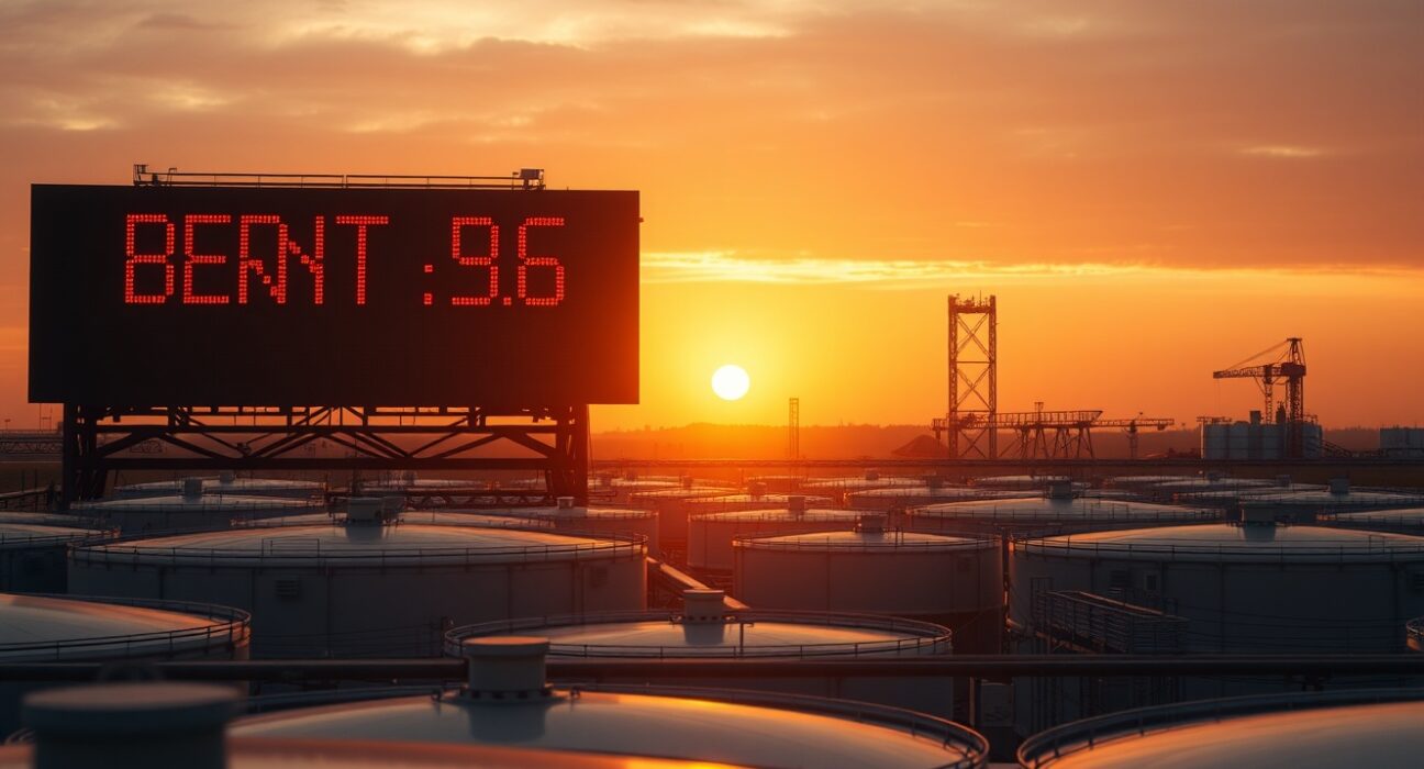 Oil storage tanks at sunset with a falling Brent crude price ticker display