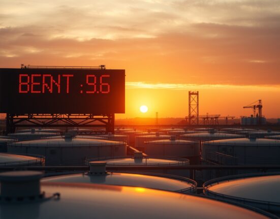 Oil storage tanks at sunset with a falling Brent crude price ticker display