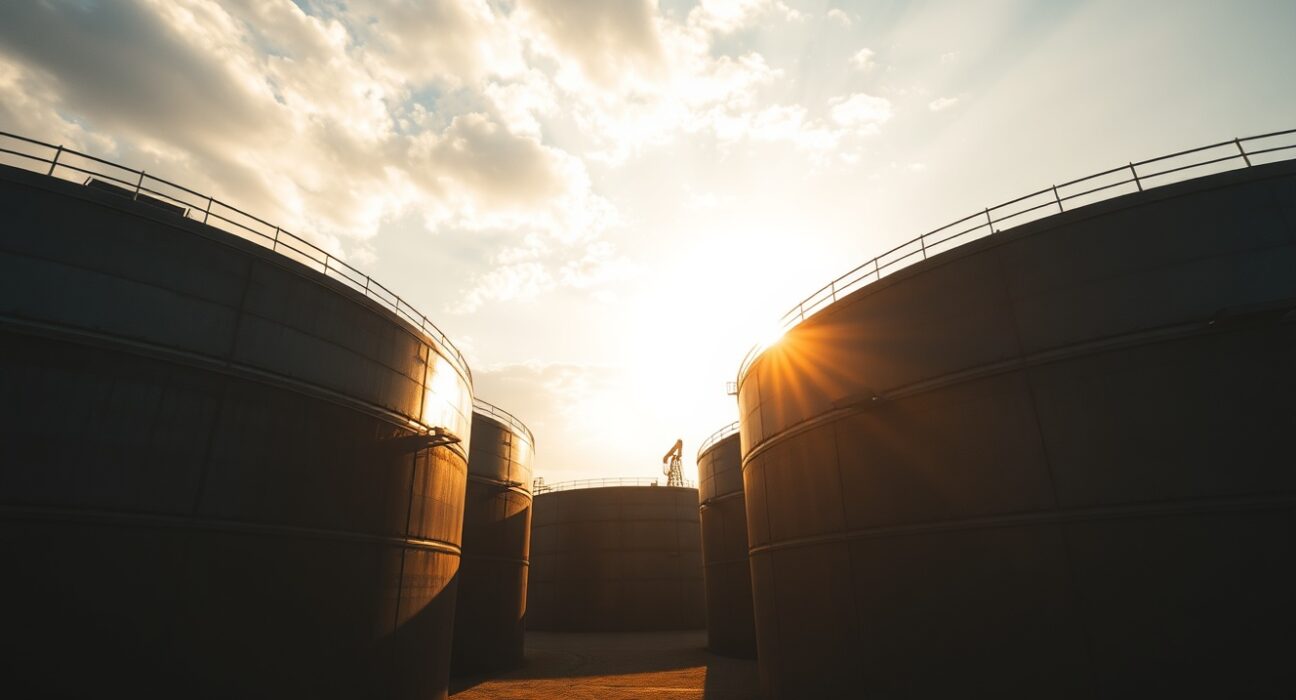 Aerial view of oil storage tanks at a refinery, representing Brent crude supply and market volatility.