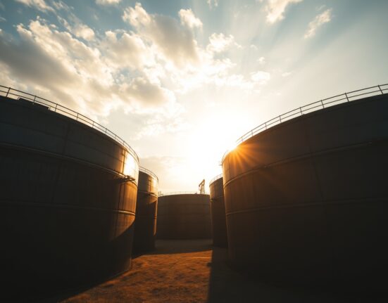 Aerial view of oil storage tanks at a refinery, representing Brent crude supply and market volatility.