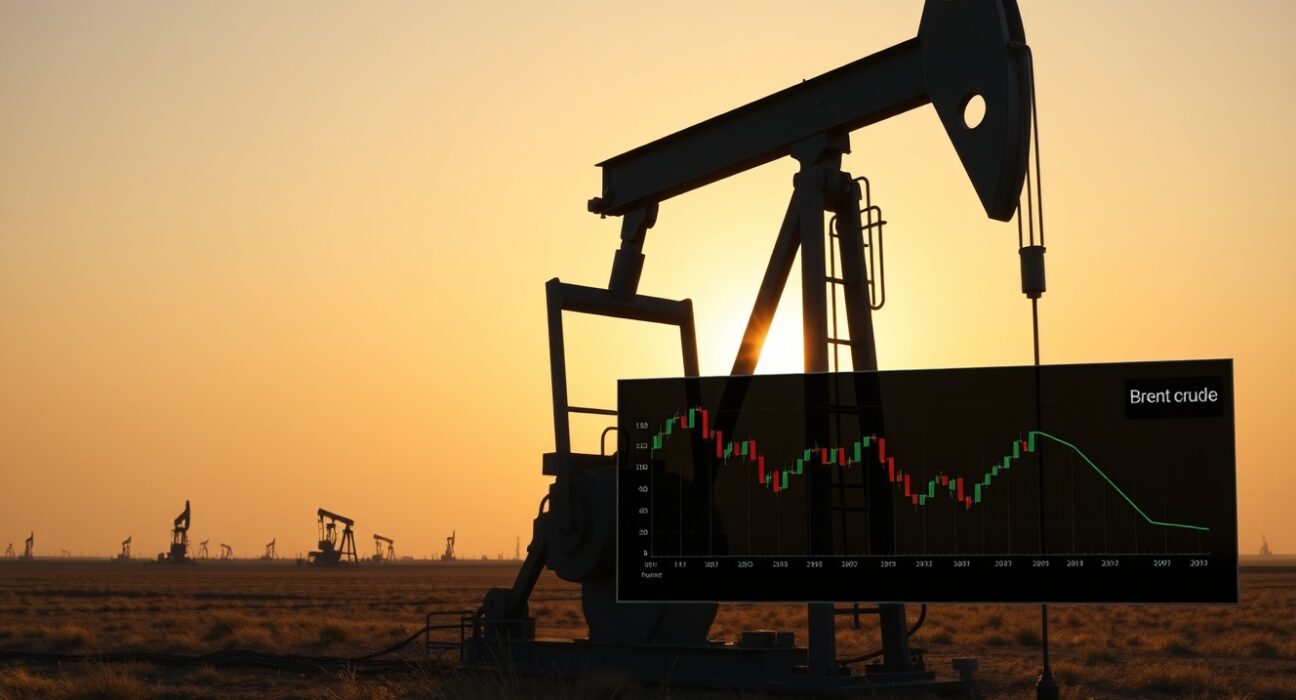 Oil pumpjack with Brent crude price chart overlay, representing limited geopolitical risk keeping prices capped.