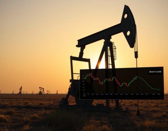 Oil pumpjack with Brent crude price chart overlay, representing limited geopolitical risk keeping prices capped.