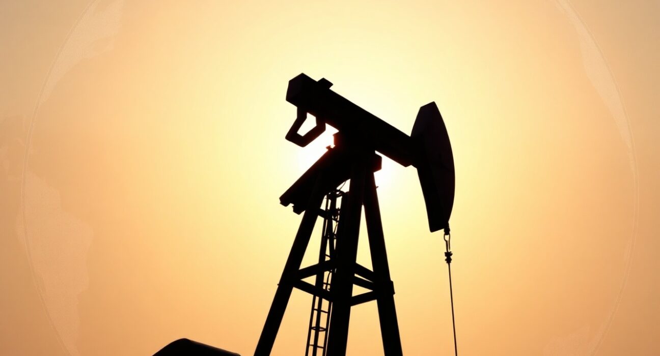 Oil pumpjack silhouetted against a sunset, representing cautious Brent crude trade amid geopolitical risks.