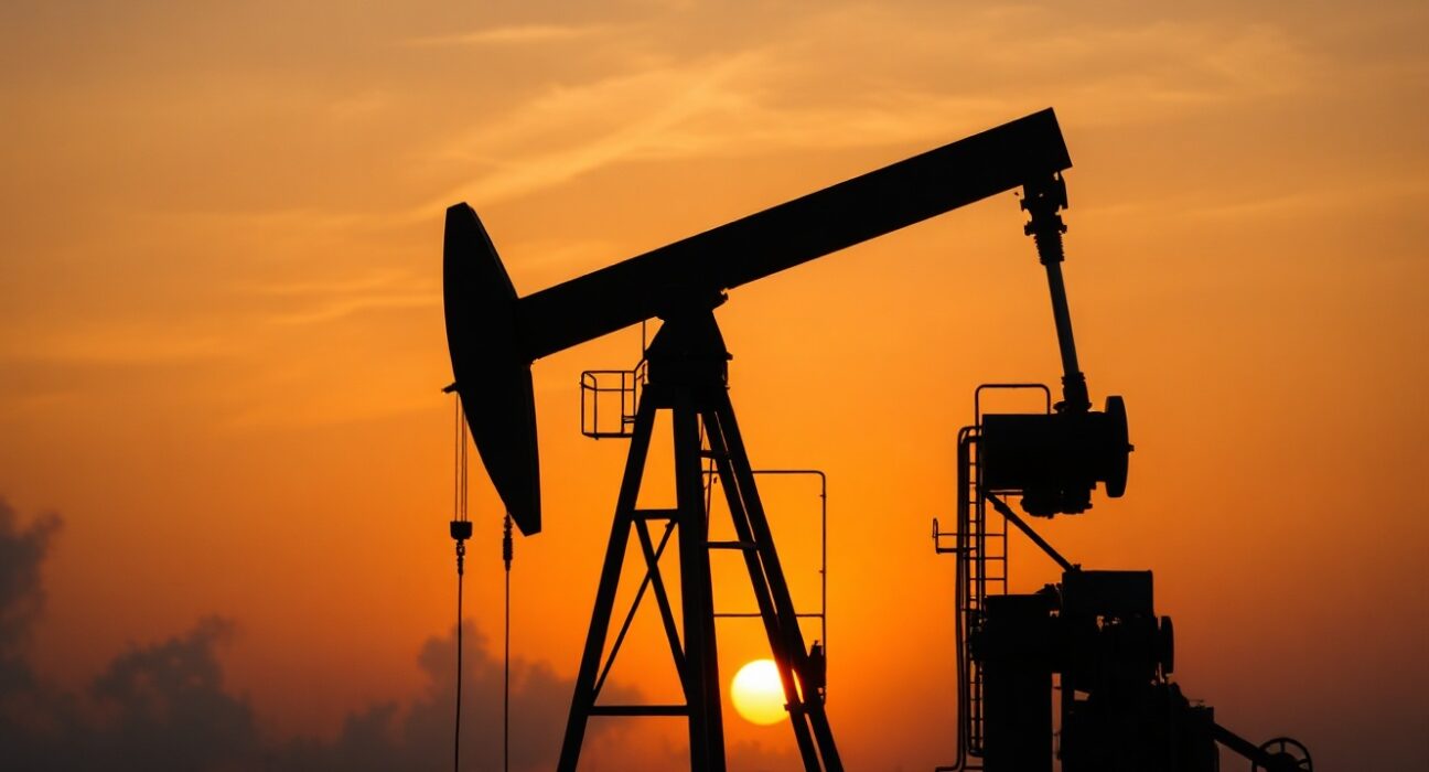Oil pumpjack silhouette at sunset representing geopolitical supply risks for Brent crude