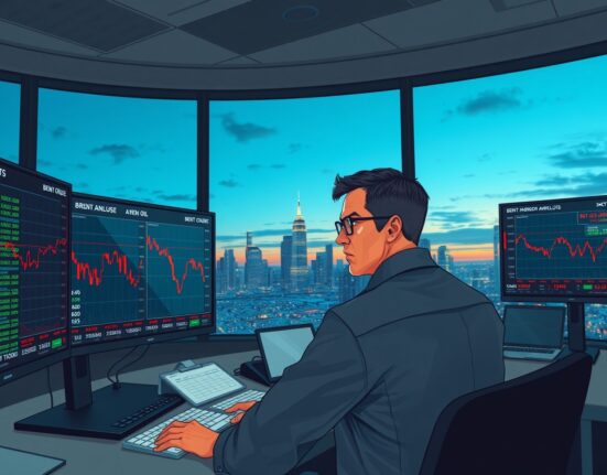 Energy market analyst monitors Brent crude oil price charts as geopolitical risk declines.