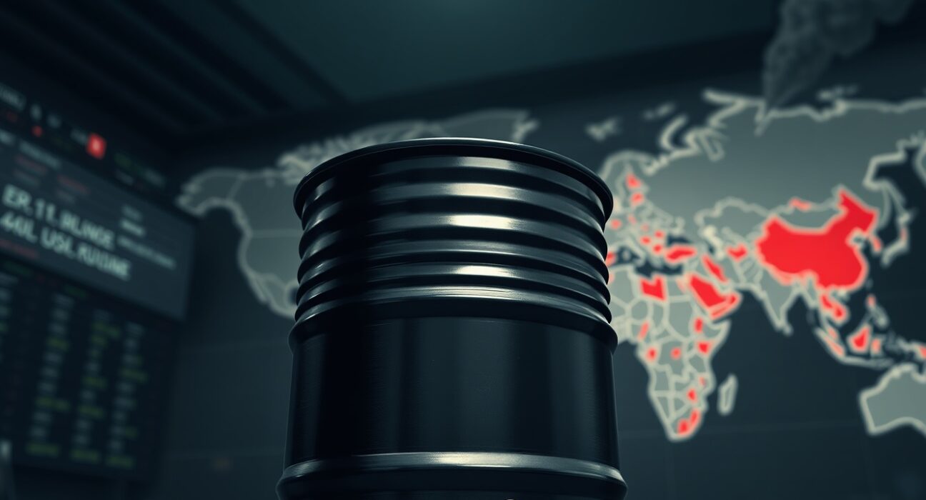 Brent crude oil barrel on trading floor with geopolitical conflict map in background