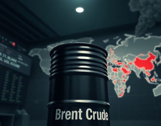 Brent crude oil barrel on trading floor with geopolitical conflict map in background