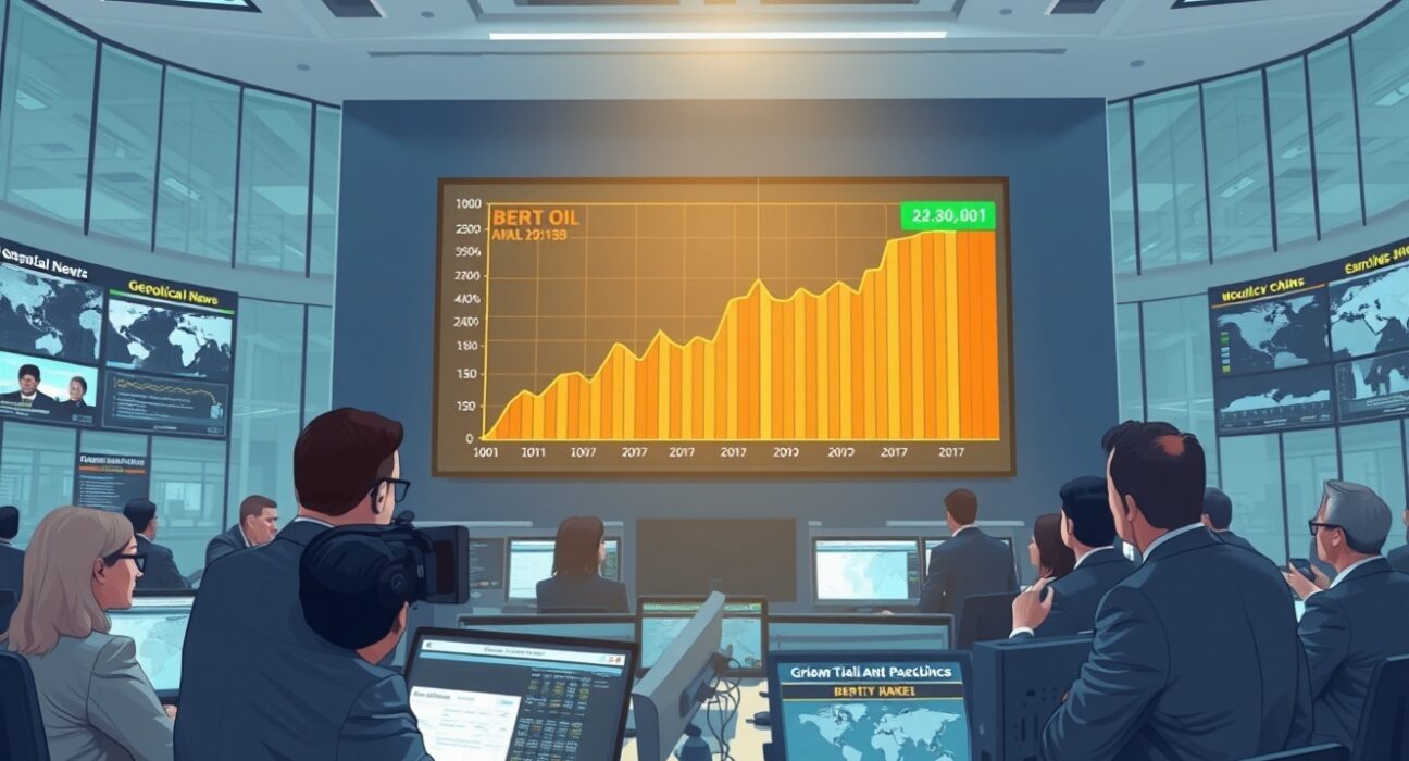 Analysts monitoring Brent crude oil price surge amid geopolitical supply shocks in energy markets.